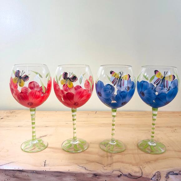 4 Vtg Hand-Painted Flower Butterfly Wine Glasses Goblets Floral Set Glass Water - Picture 5 of 11